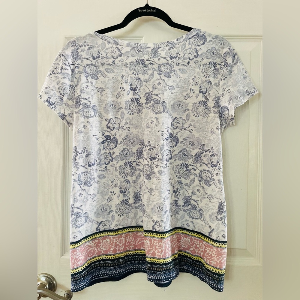 LOFT White Tee with Blue Floral Print and Pink Border - Picture 2 of 3